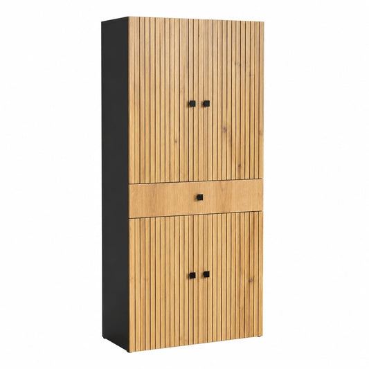 Hochschrank – 70 × 186 × 31 cm, mit Schubladen, mit Ablagen, aus Eichenholz, Anthrazit